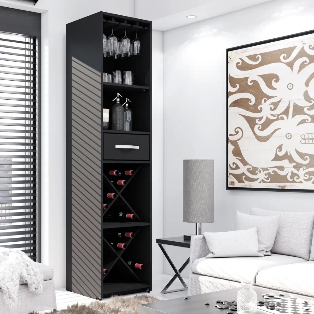 Cava − Malbec. Mueble Bar, Cantina, Organizador De Botellas y Copas. Para 24 botellas de vino, 12 copas colgadas y espacio para licores y otros vasos