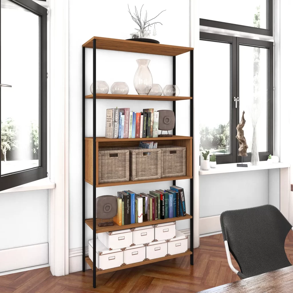 Estante − Toledo. Estante Organizador Multiusos, Estantería de Metal y Madera de Ingeniería con 5 Espacios Organizadores