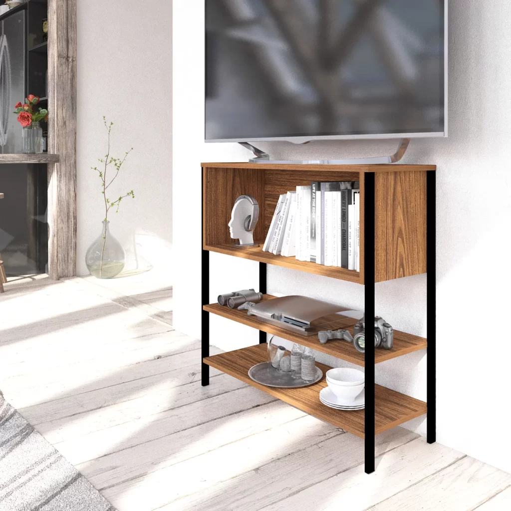 Estante − Burgos. Mueble Para TV 45 Pulgadas, Organizador Multiusos Dos Vistas, Librero, Zapatero, Estante Organizador de 4 Niveles
