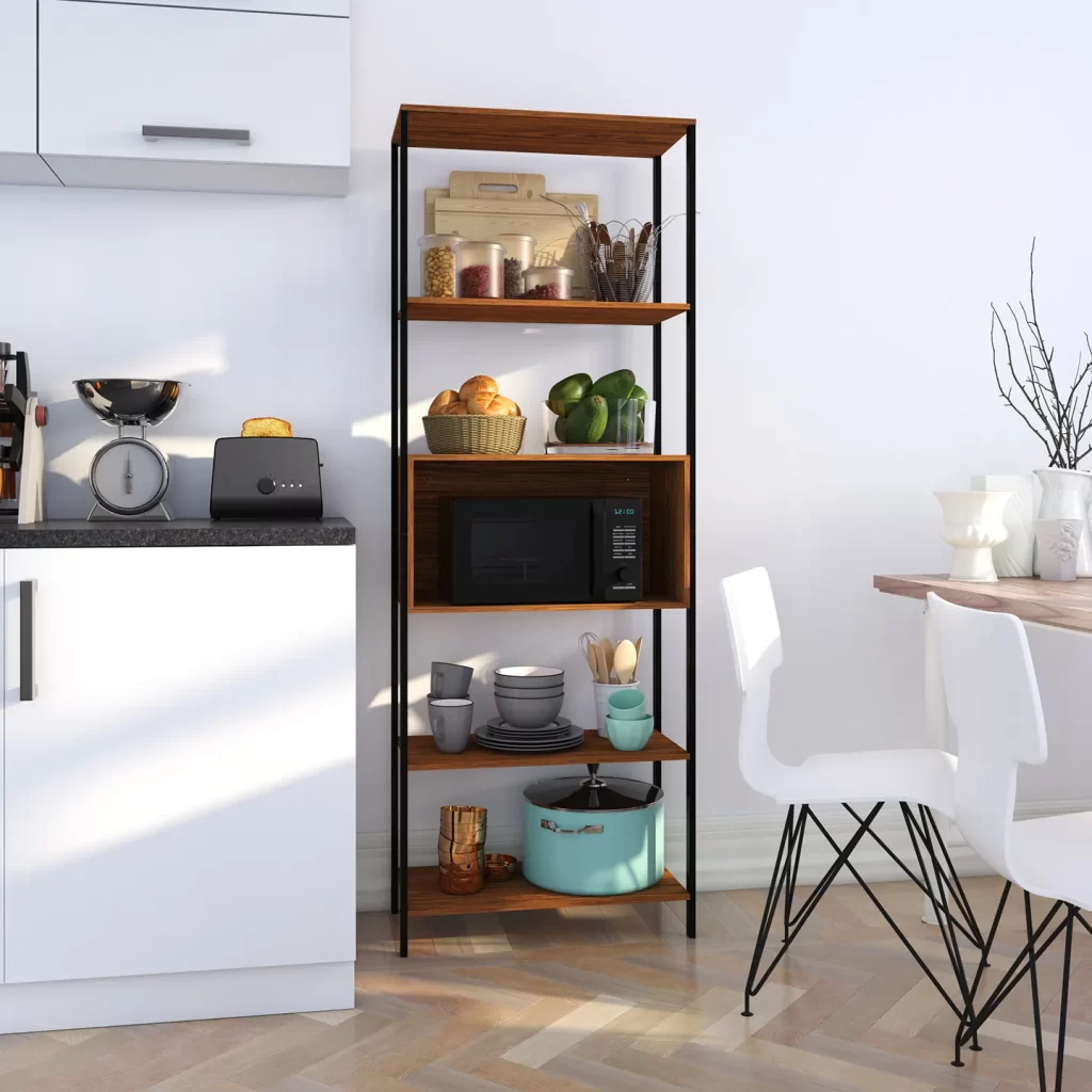Estante − Montreal. Estante Organizador, Dos Vistas, Un Cajón Reversible Y Cinco Espacios Organizadores, Estructura Metálica y Entrepaños de Madera de Ingeniería